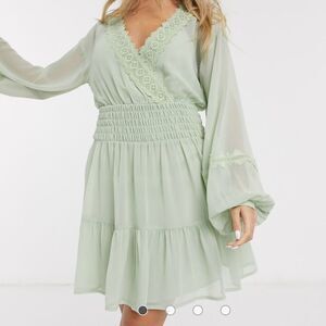 ASOS DESIGN lace insert shirred waist mini skater dress in sage green NWT